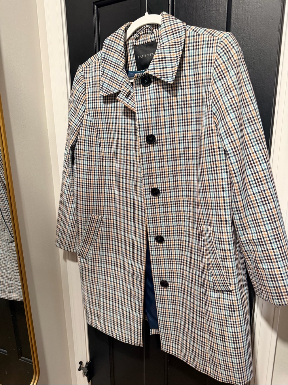 Talbots Plaid Single-Breasted Trench Coat - Blue, Burgundy Camel